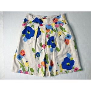 Kim Rogers Womens Linen Blend Floral Skirt Pleated Size 8 Knee Length Pockets